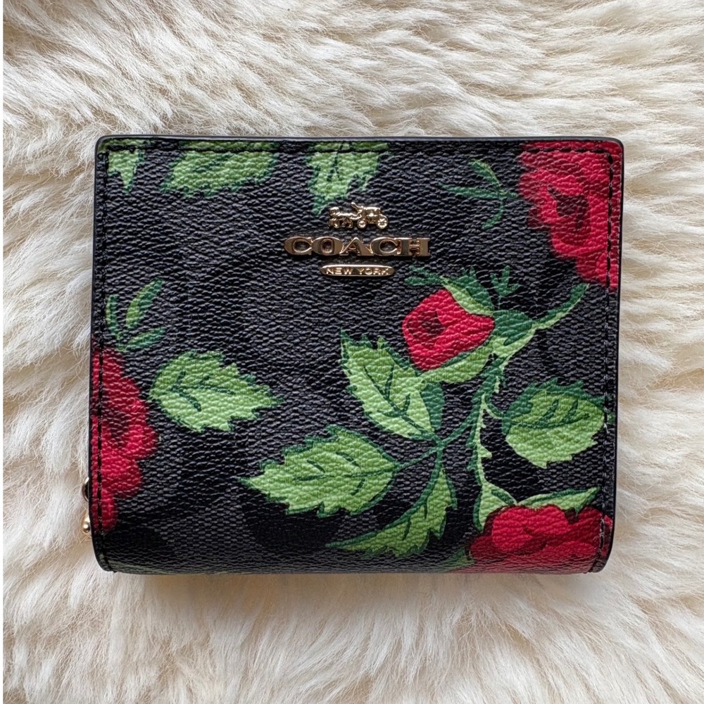 Coach Fairytale Rose Print Snap Wallet Black Red Gold Floral Luxury Signature